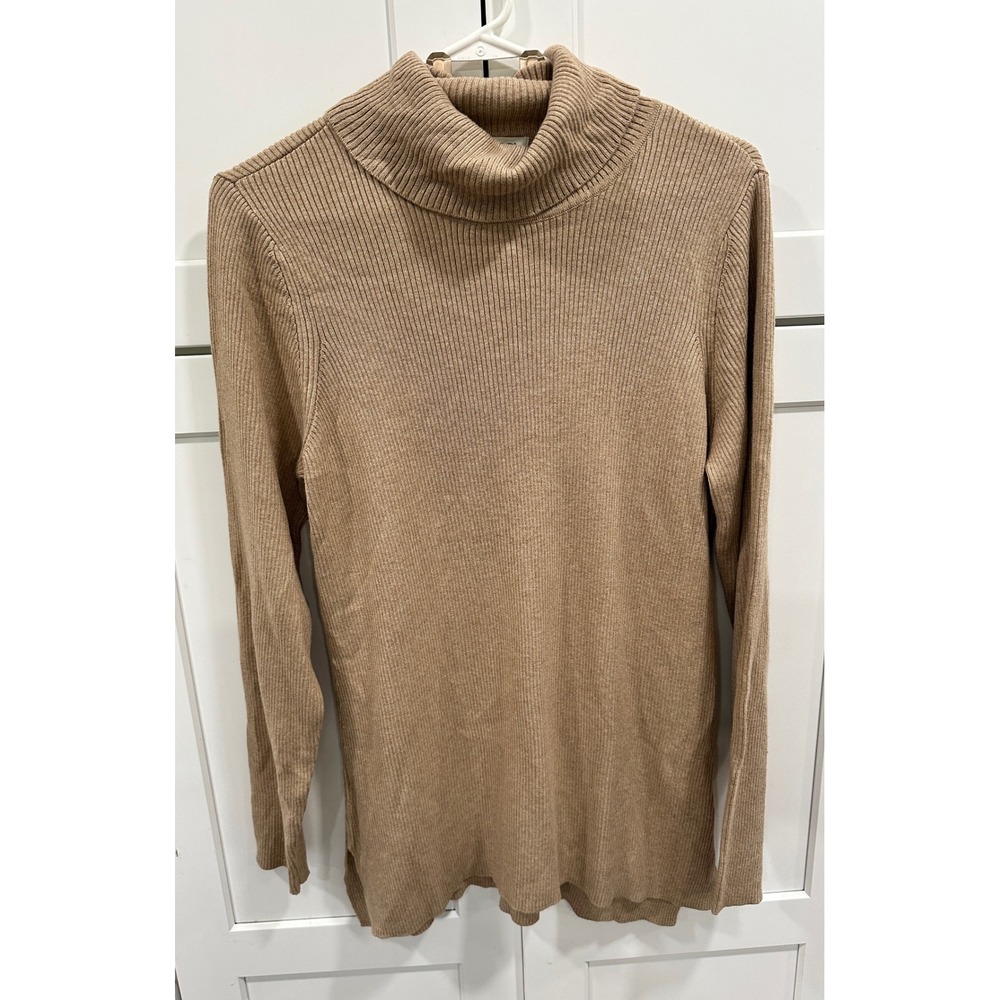 Orvis Womens Ribbed Knit Tunic Top Turtleneck Long Sleeve Casual Tan Large